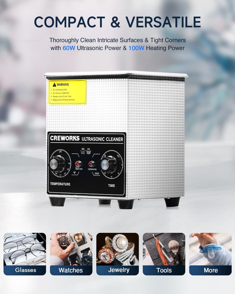 CREWORKS Ultrasonic Cleaner with Heater & Timer, 1/2 Gallon Stainless Steel 60W Ultrasonic Cleaning Machine with Degas & Gentle, 2L Sonic Machine for Professional Jewelry Watch Glasses Cleaning - Image 5